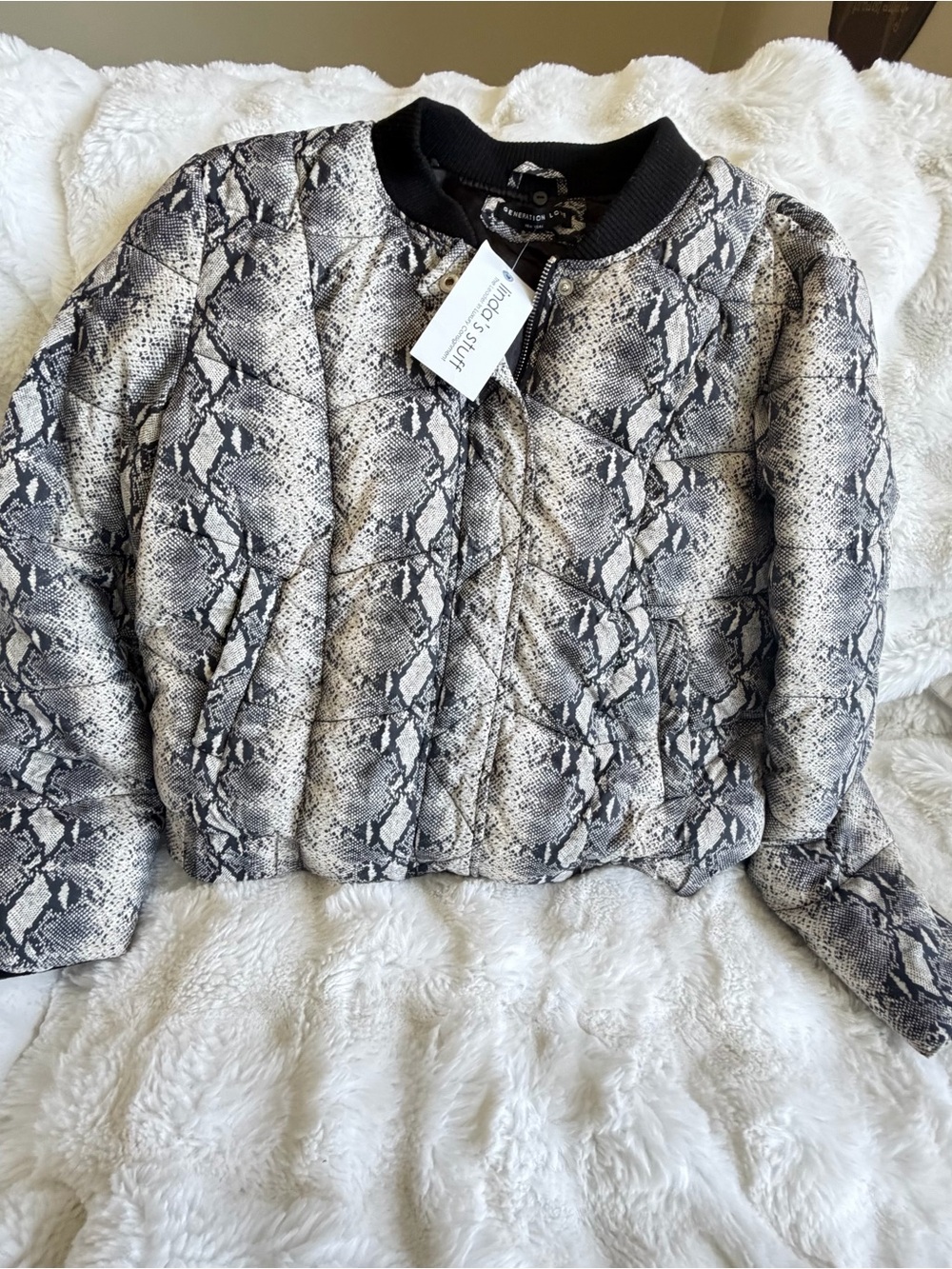 Generation Love Neutral Snake-Print Quilted Bomber Jacket. Sz. Large